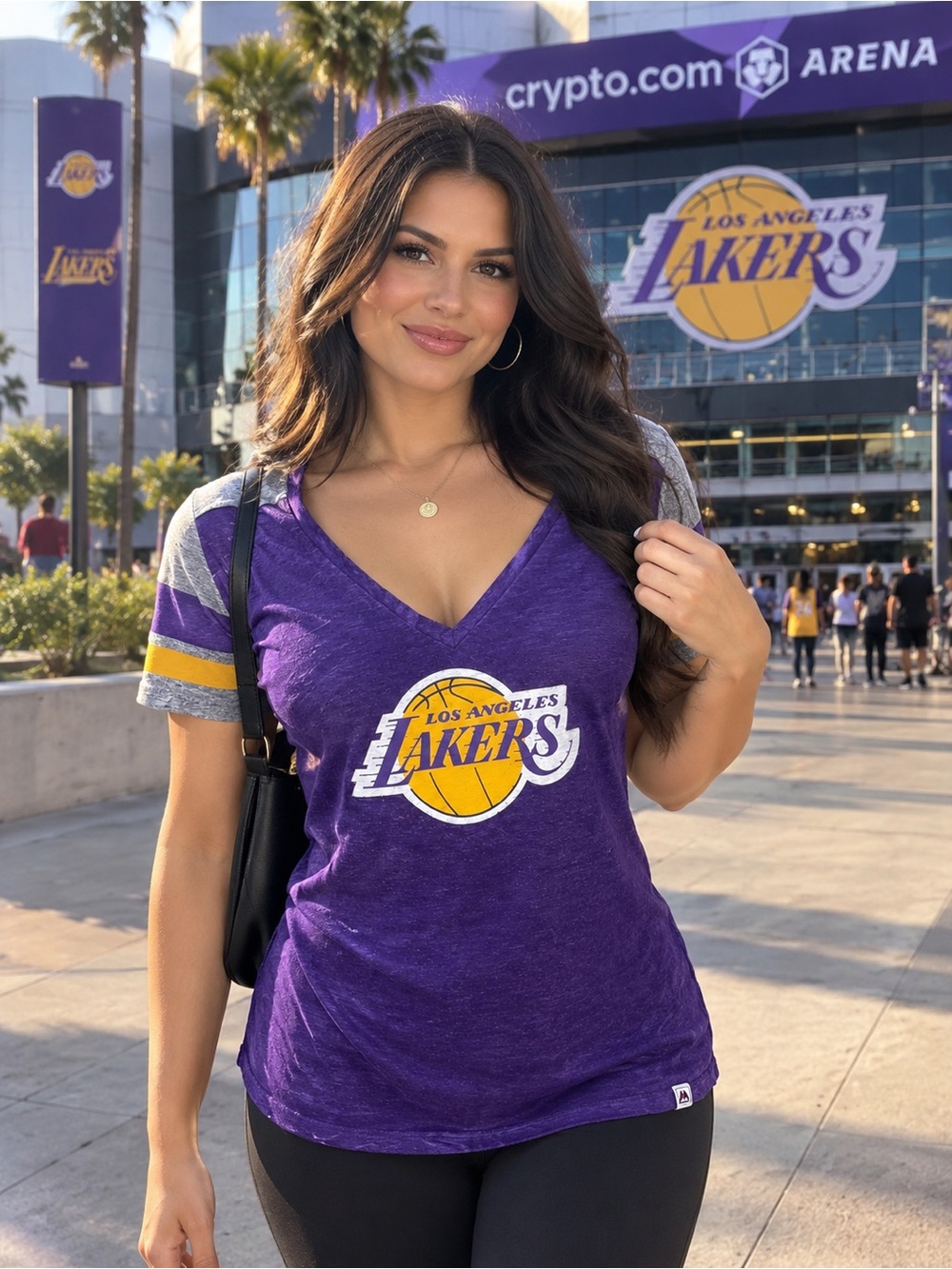 Majestic Los Angeles Lakers Purple V-Neck Tee with Gray & Gold Sleeve Accents